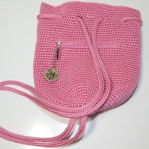 THE SAK Pink Crochet Backpack Bucket Bag DYLAN Drawstring Boho Purse 11x9"